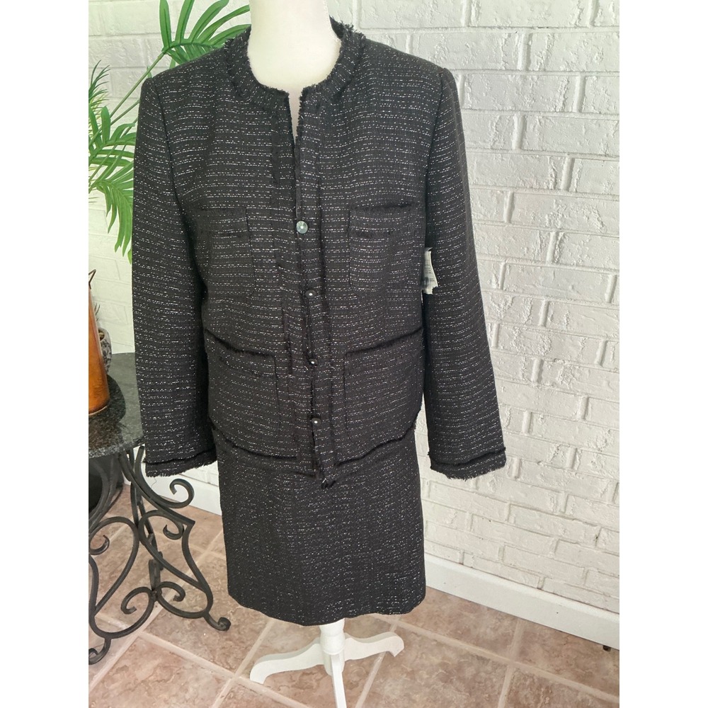 Jaclyn Smith Skirt Suit Women 12 Black Excellent Tweed Metallic Fringe 2pc Set
